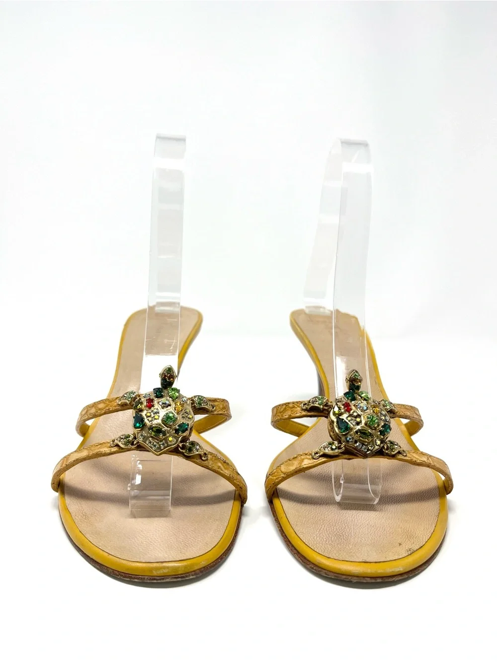 Vintage Giuseppe Zanotti Yellow Gold Crystal Turtle Sandals Kitten Heels 36 6